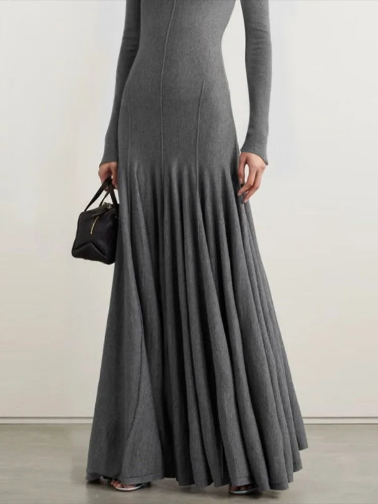 Slim Fit Long Sleeve Evening Pleated Maxi Dress
