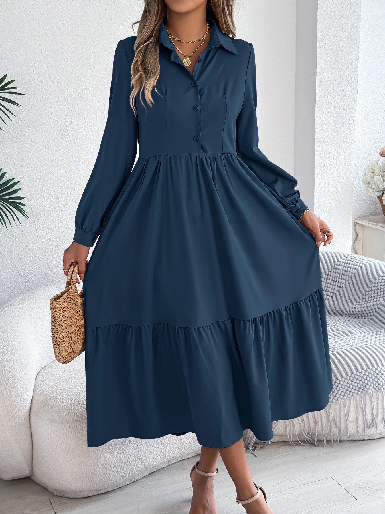 Women's Casual Button Down Long Sleeved Dress