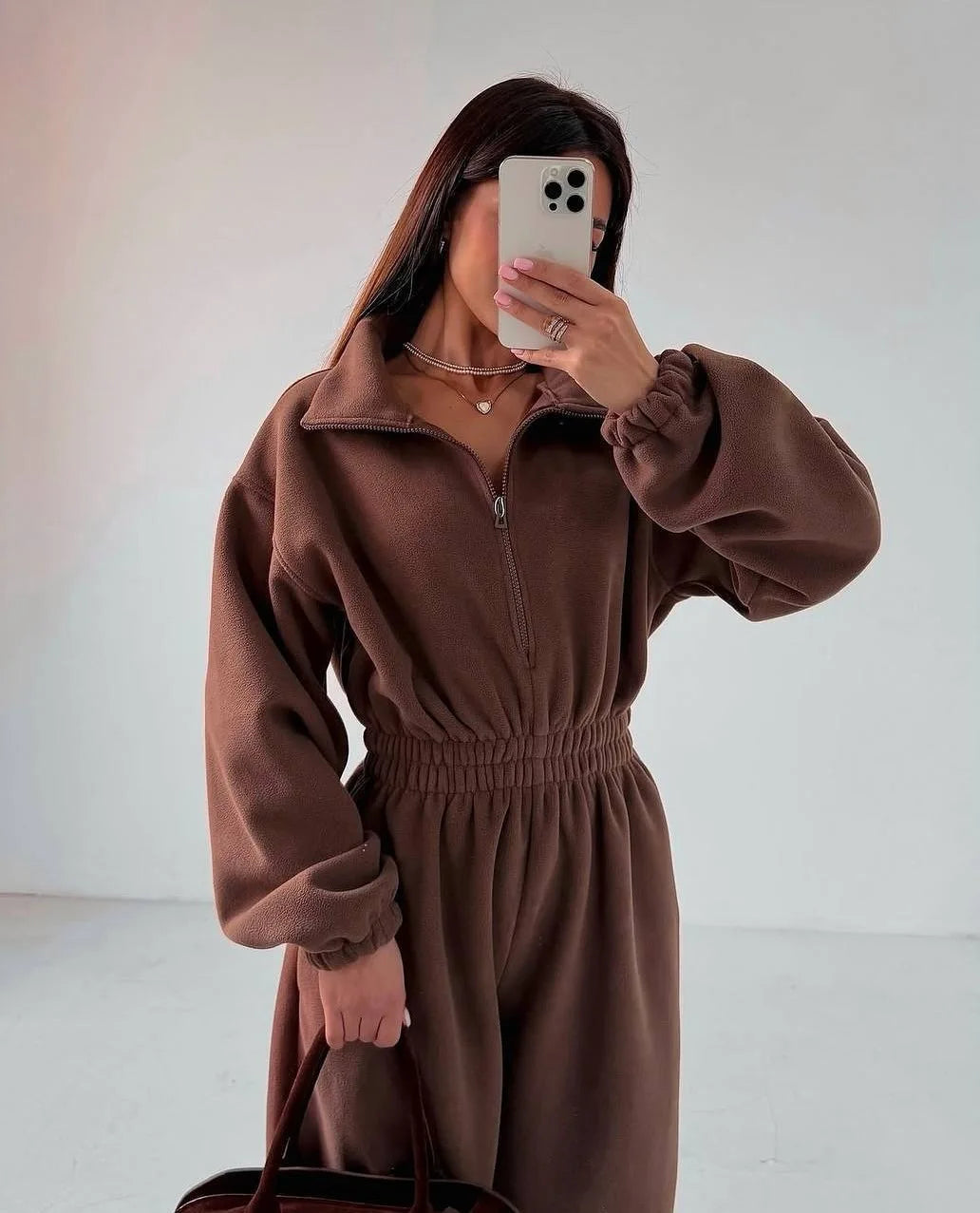 Sporty Long Sleeve Half-Zip Sports Jumpsuit with Lapel