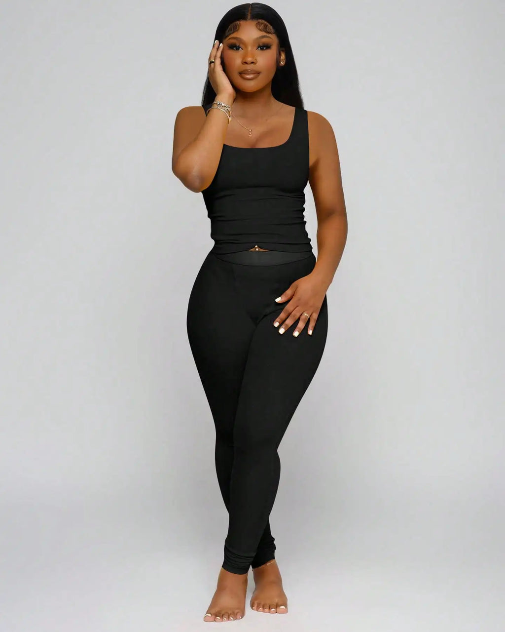 Ribbed Crop Tank Top and High Waist Leggings Set for Women