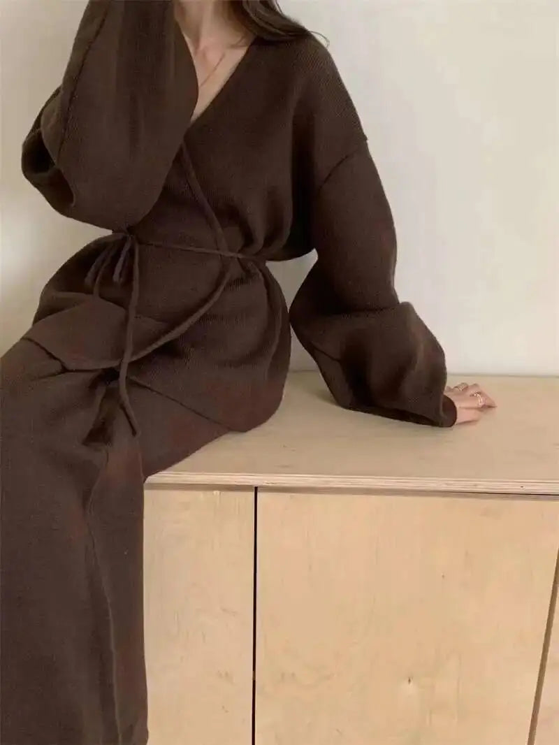 Casual Long Sleeve Sweater And High Waist Trousers Knit Set