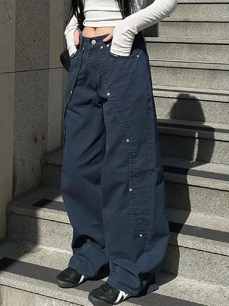 Relaxed Loose Fit Wide Leg Trousers with Rivet Patchwork Split Design