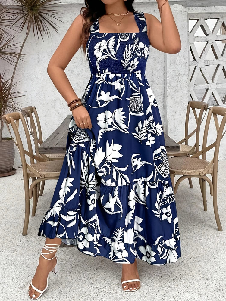 Plus Size Summer Floral Halter Dress with Ruffle Hem