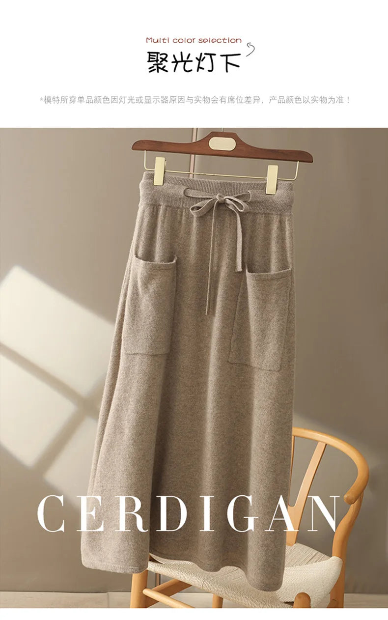 100% Pure Cashmere Wool Women's A-Line Skirt w/Pocket