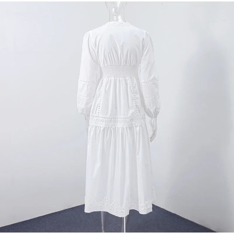 Lace Cut Out Long Puff Sleeve Maxi Dress