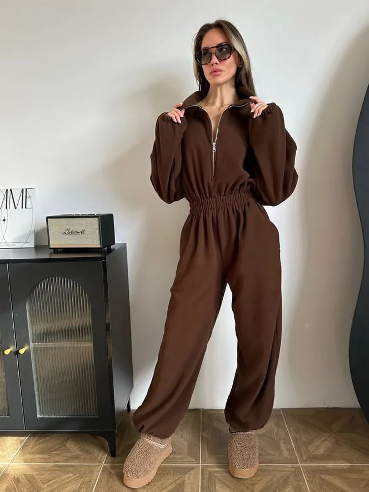 Sporty Long Sleeve Half-Zip Sports Jumpsuit with Lapel