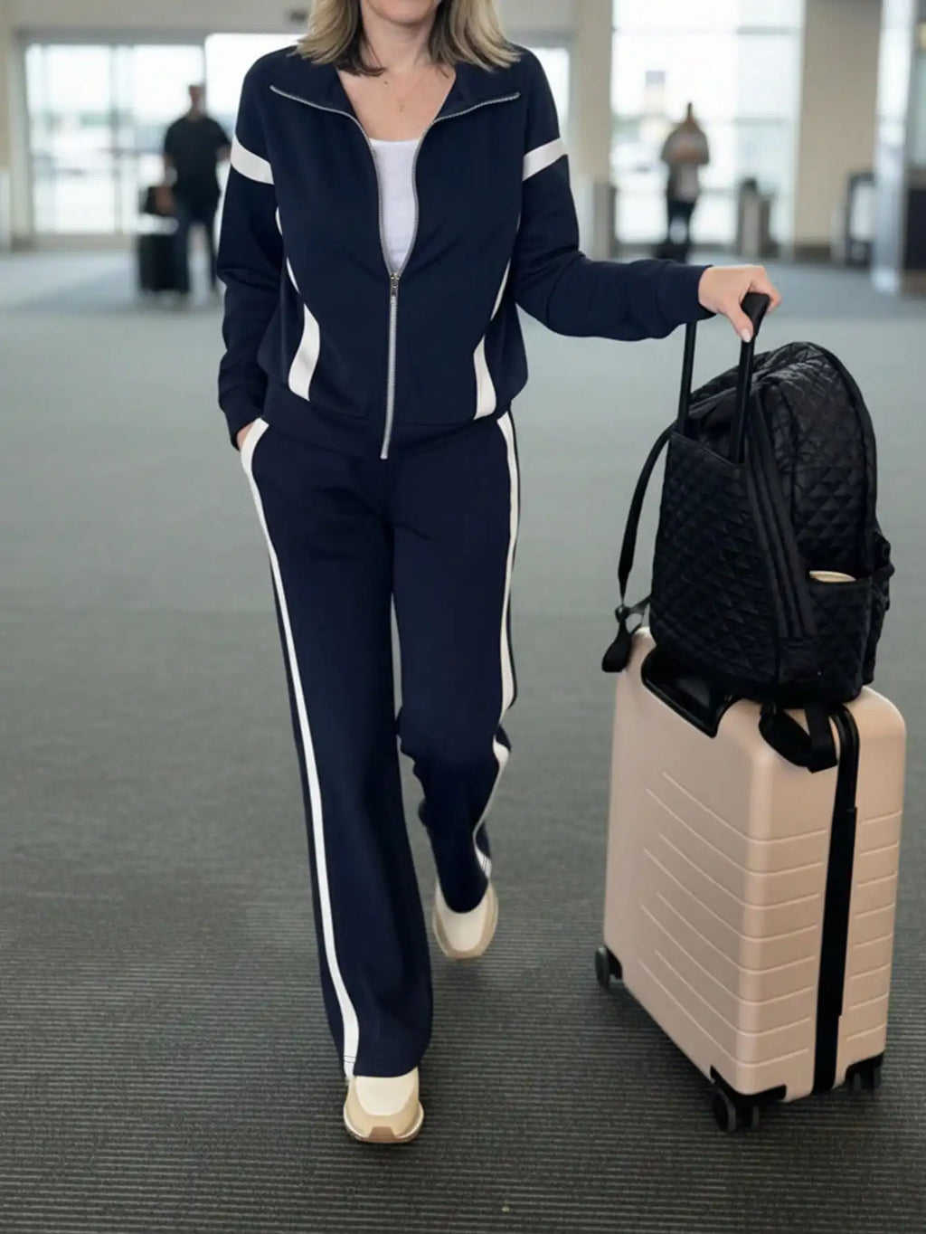 Women's Navy Blue & White Contrast Stripe 2-Piece Track Suit Set