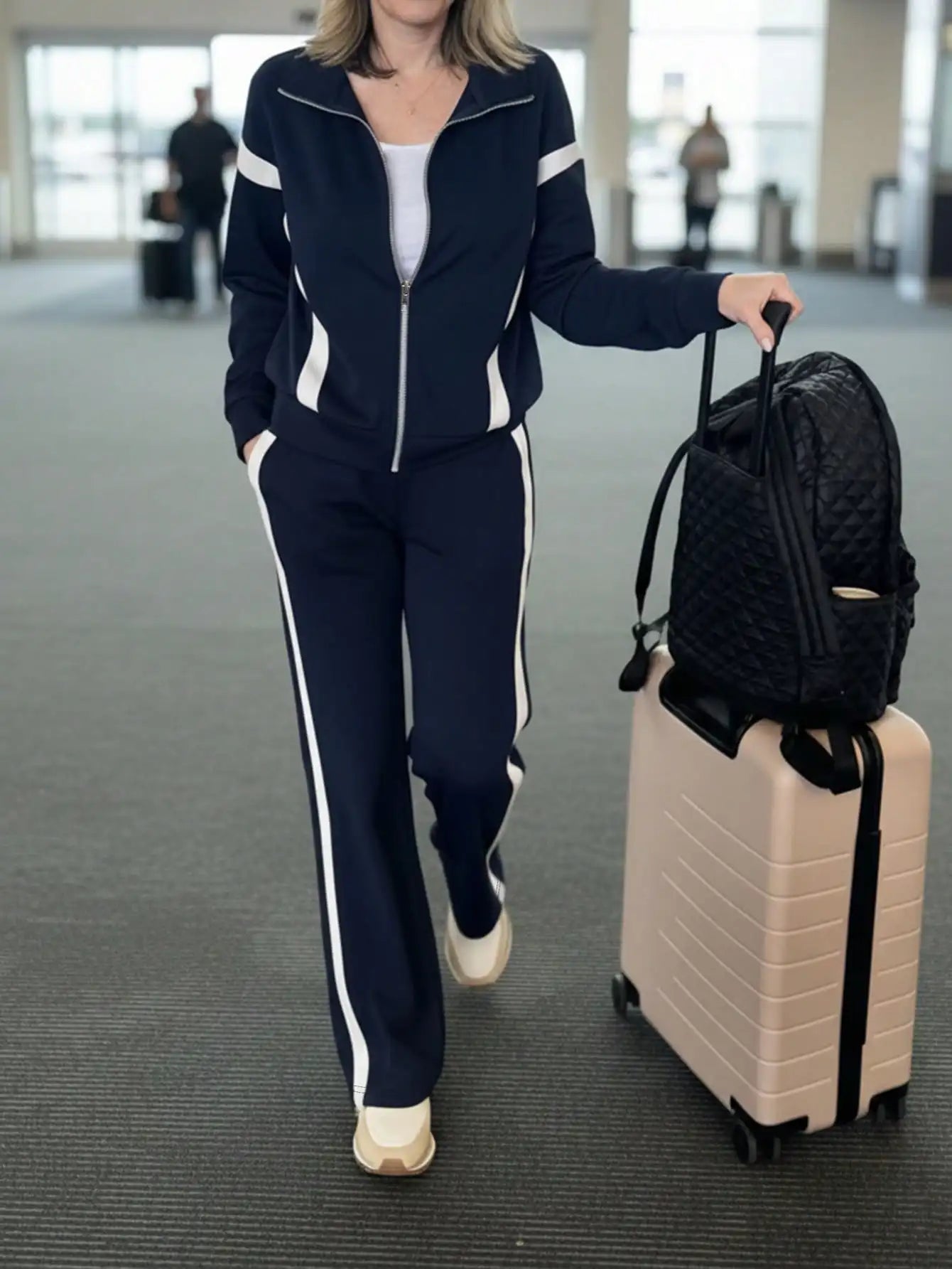 Women's Navy Blue & White Contrast Stripe 2-Piece Track Suit Set