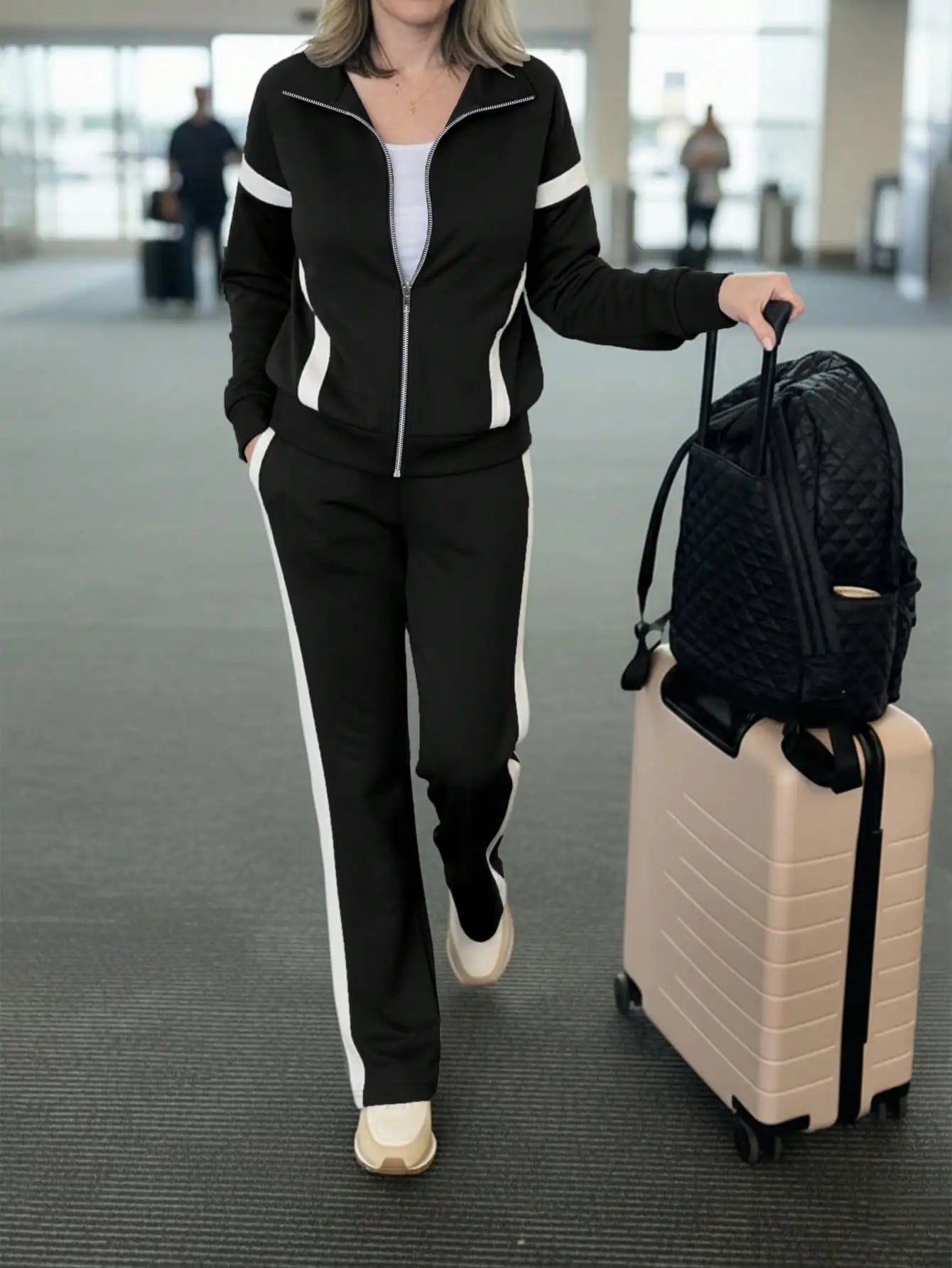 Women's Navy Blue & White Contrast Stripe 2-Piece Track Suit Set
