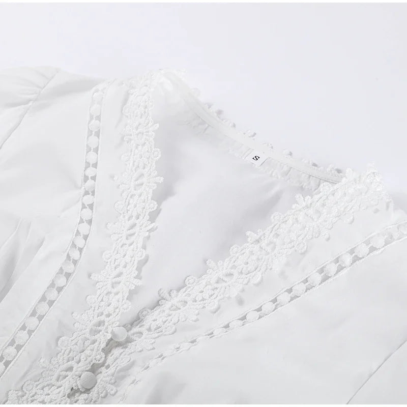 Lace Cut Out Long Puff Sleeve Maxi Dress