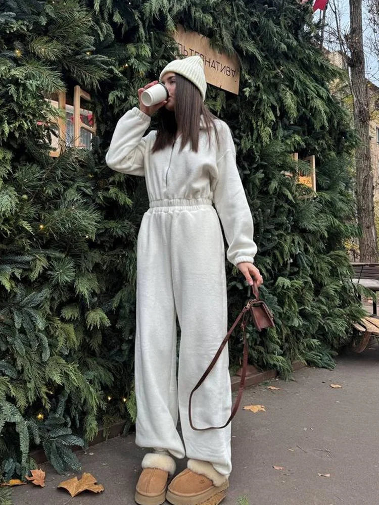 Sporty Long Sleeve Half-Zip Sports Jumpsuit with Lapel