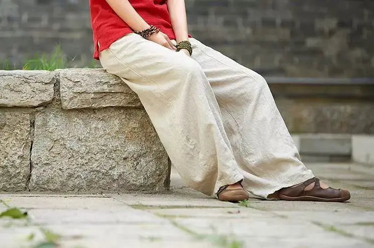 Women's Cotton Linen Wide Leg Pants with Elastic Waist
