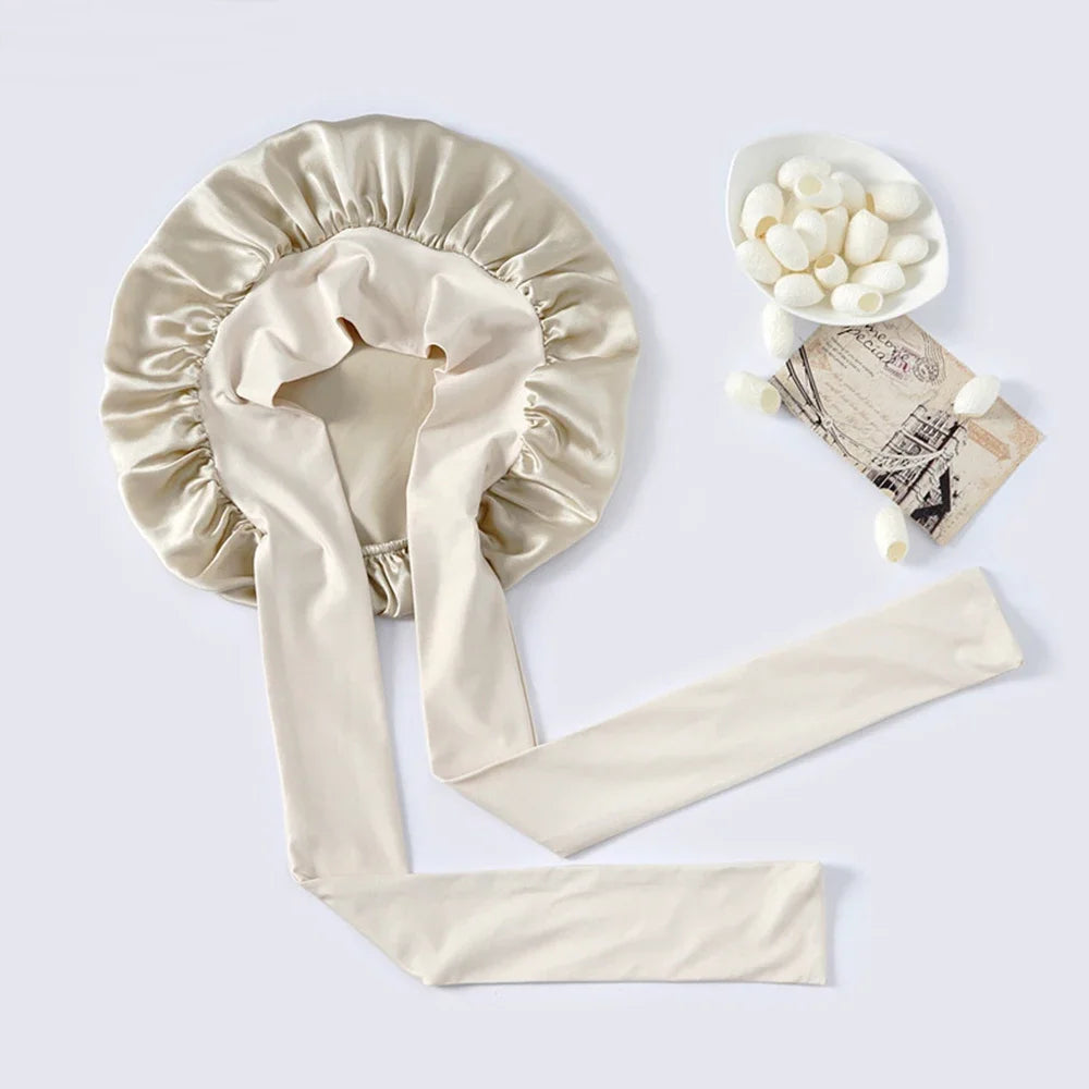 100% Mulberry Silk Sleeping Bonnet Curly Hair Adjustable Satin Sleep Cap With Wide Elastic Band