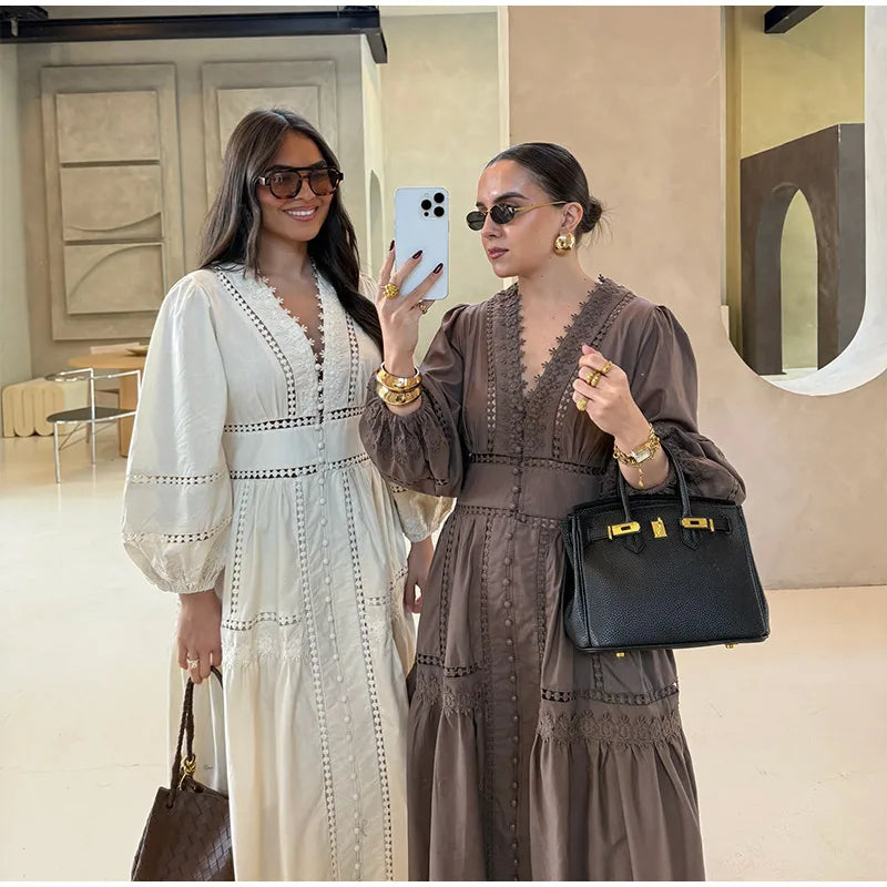 Lace Cut Out Long Puff Sleeve Maxi Dress