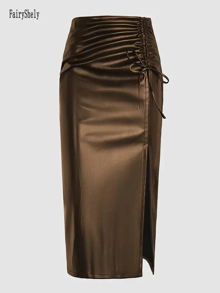 Slim fit, High Waist Split Mid-Length Pu Leather Skirt