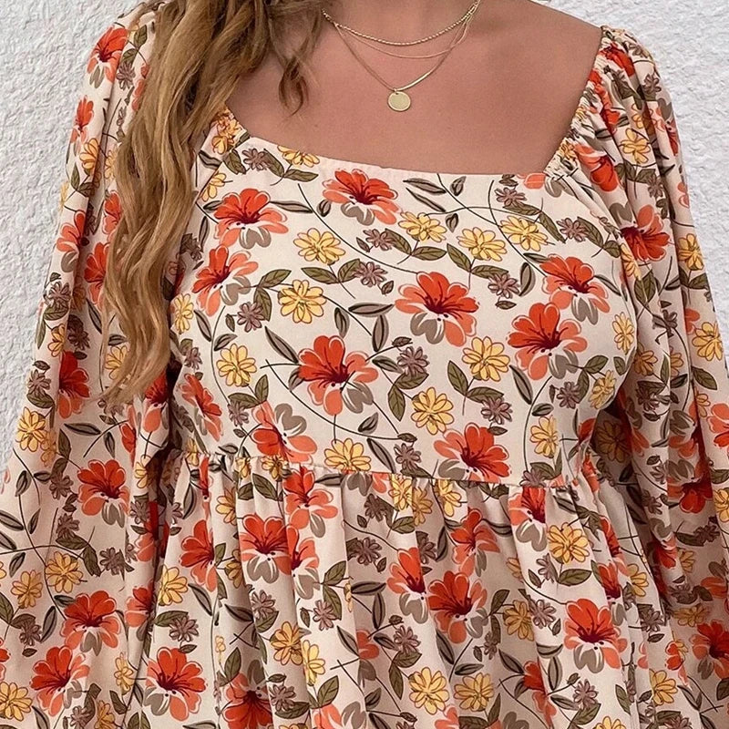 Women's Plus Size Floral Print Square Neck Peplum Blouse with Lantern Sleeves