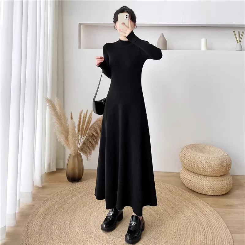 Solid Color Long Sleeve Knitted Dress with Turtleneck