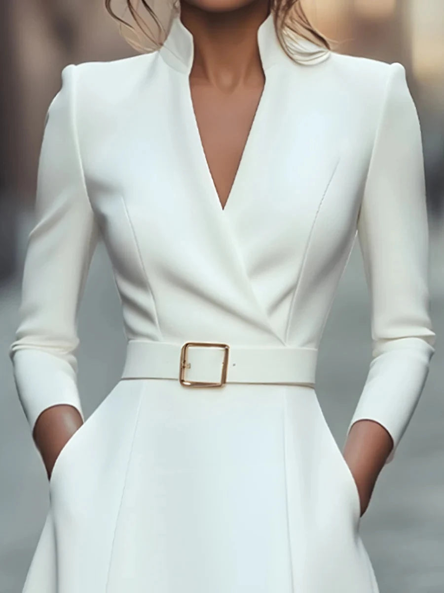 Waist slimming V-neck long-sleeved belted A-shaped dress