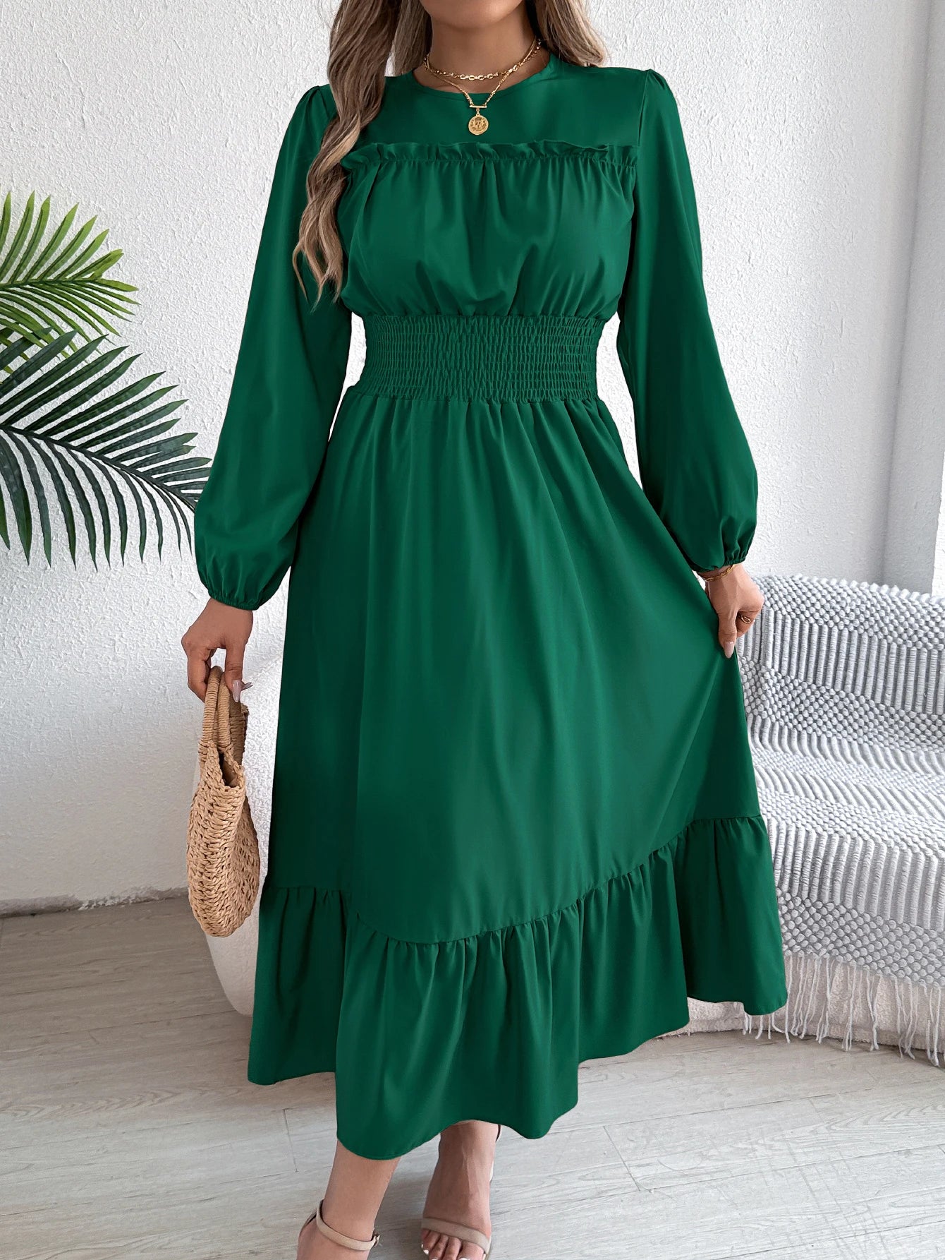 Women's Casual Elegant Round Neck Long Sleeved Waist Cinched Lotus Leaf Edge Dress