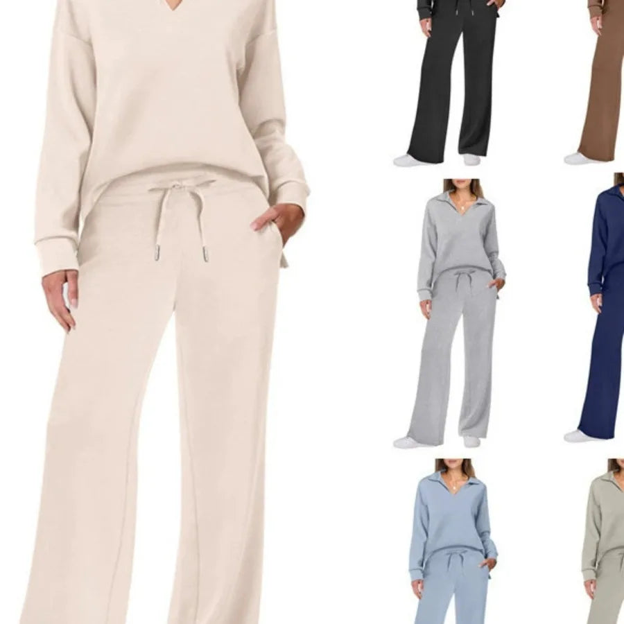 Loose V-neck Long-sleeved Top with Drawstring Design Elastic Waist Flared Long Trousers Two Pieces
