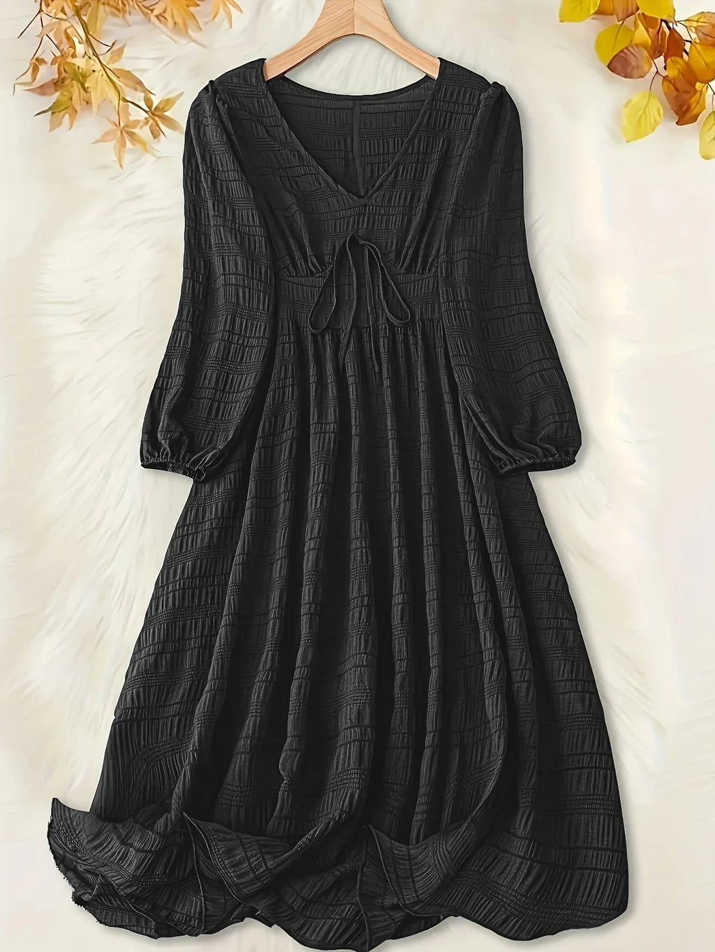 Plus Size Women's  Dress with Textured Lantern Sleeves and V-Neck Tie Front Midi Dress
