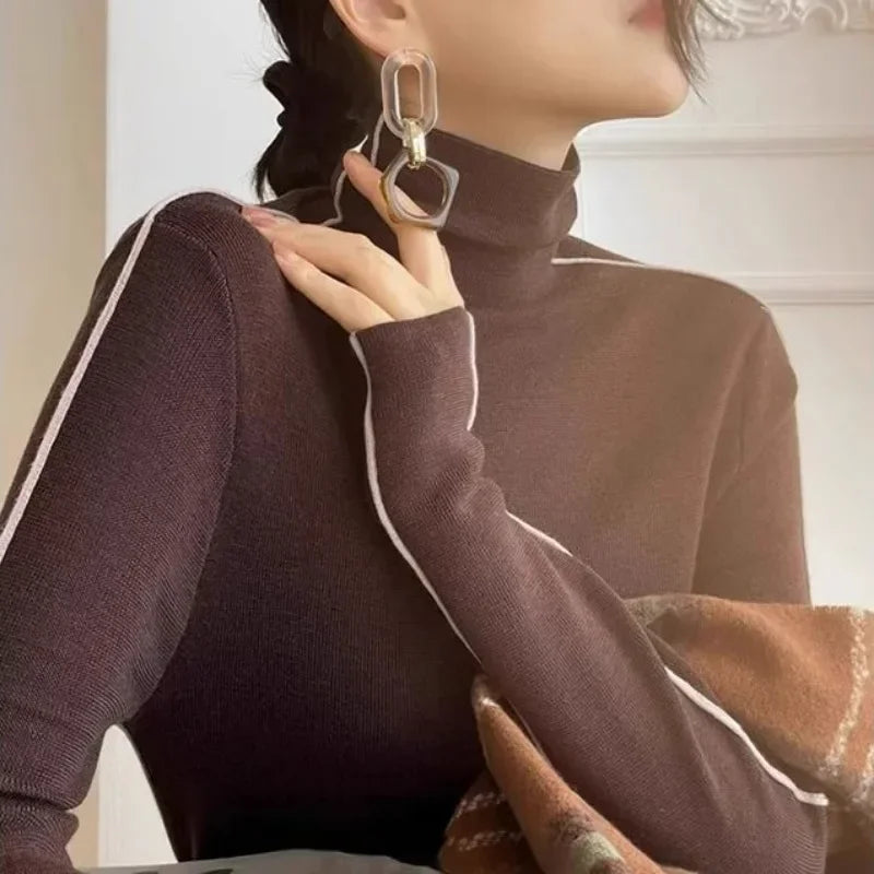 Long Sleeve Knit Turtleneck with Striped Sleeves Sweater Top