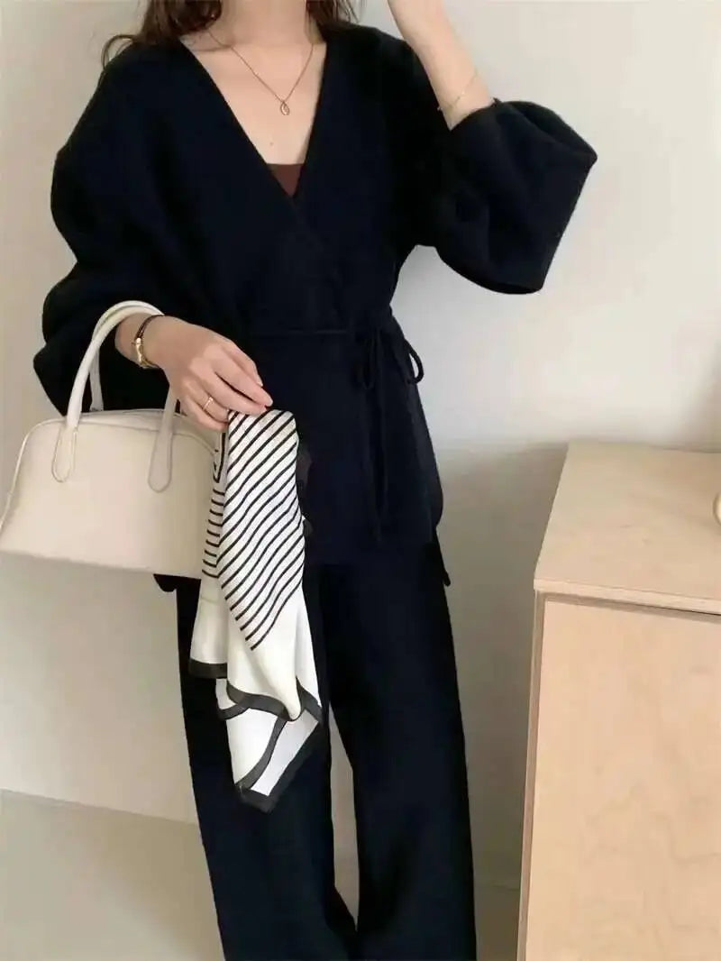 Casual Long Sleeve Sweater And High Waist Trousers Knit Set