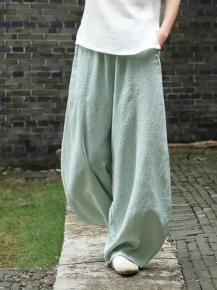 Women's Cotton Linen Wide Leg Pants with Elastic Waist