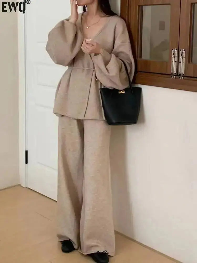 Casual Long Sleeve Sweater And High Waist Trousers Knit Set
