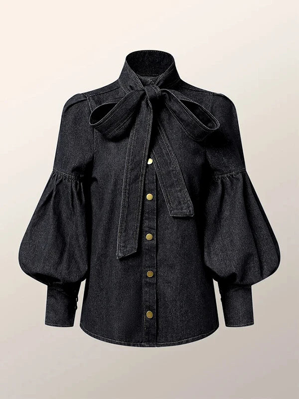 Denim Blouse with Long Puff Sleeves and Bow