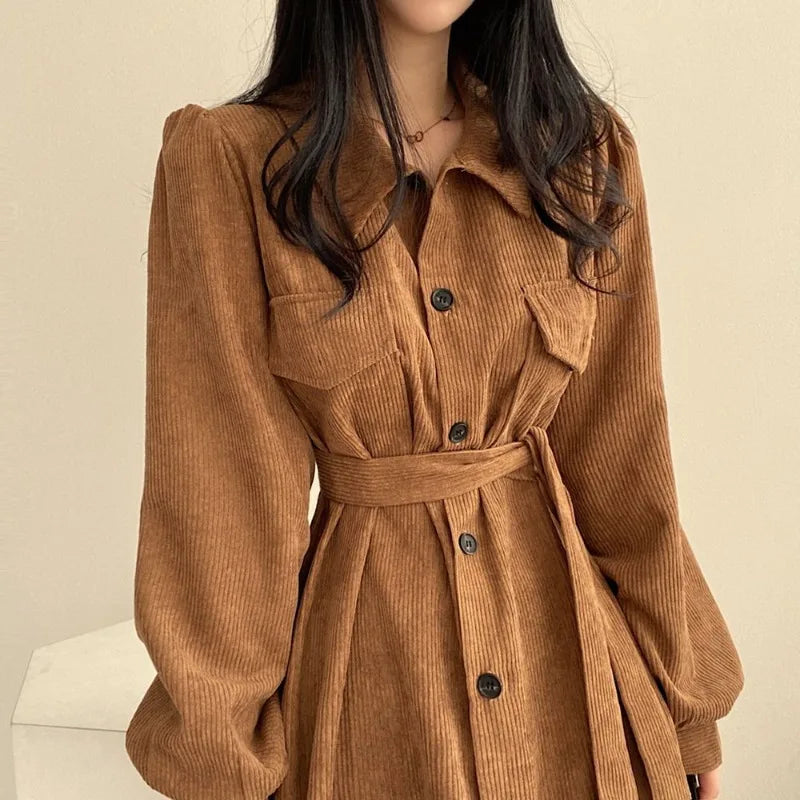 Retro Lapels Single-breasted Waist Dress