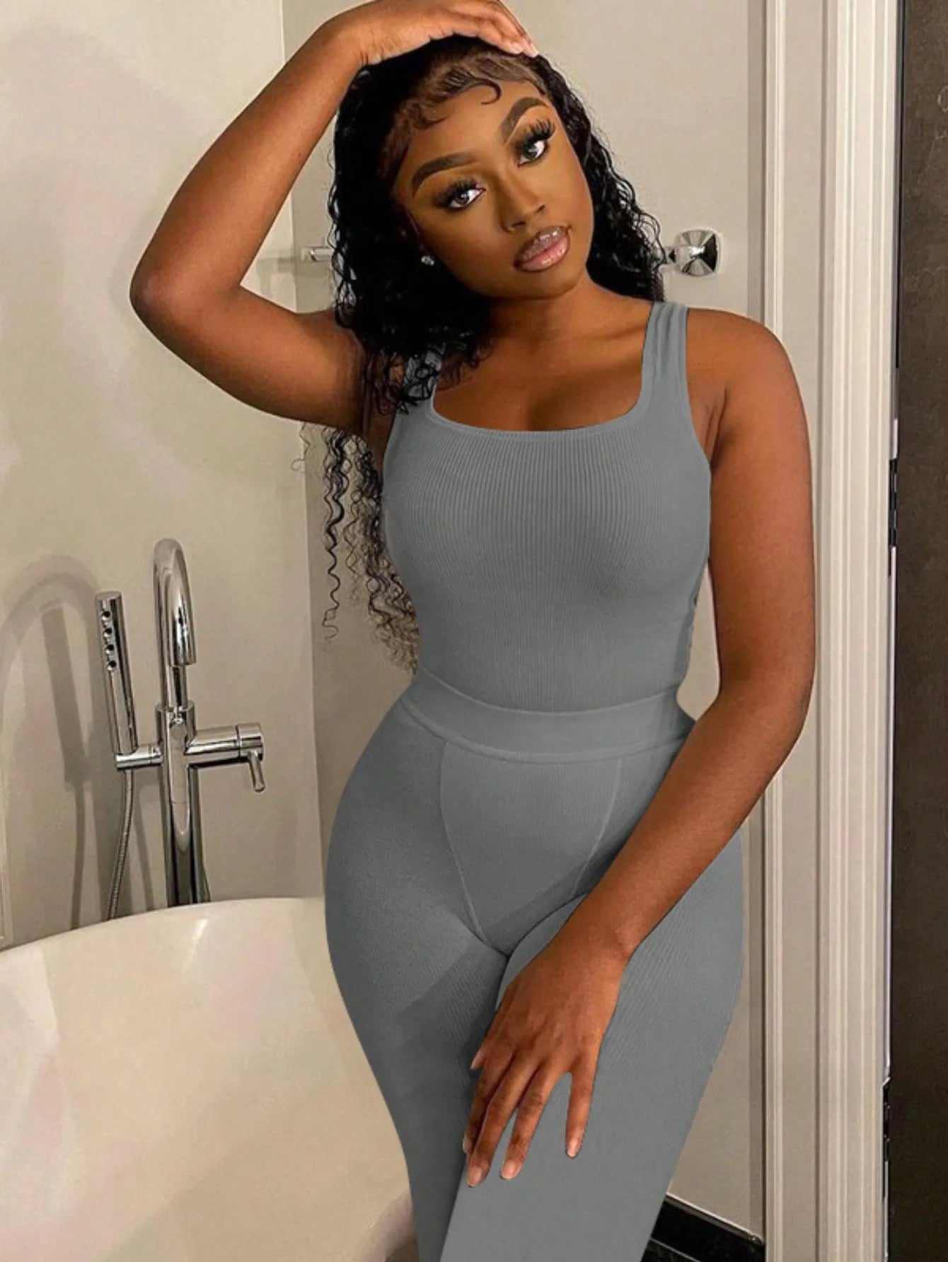 Ribbed Crop Tank Top and High Waist Leggings Set for Women
