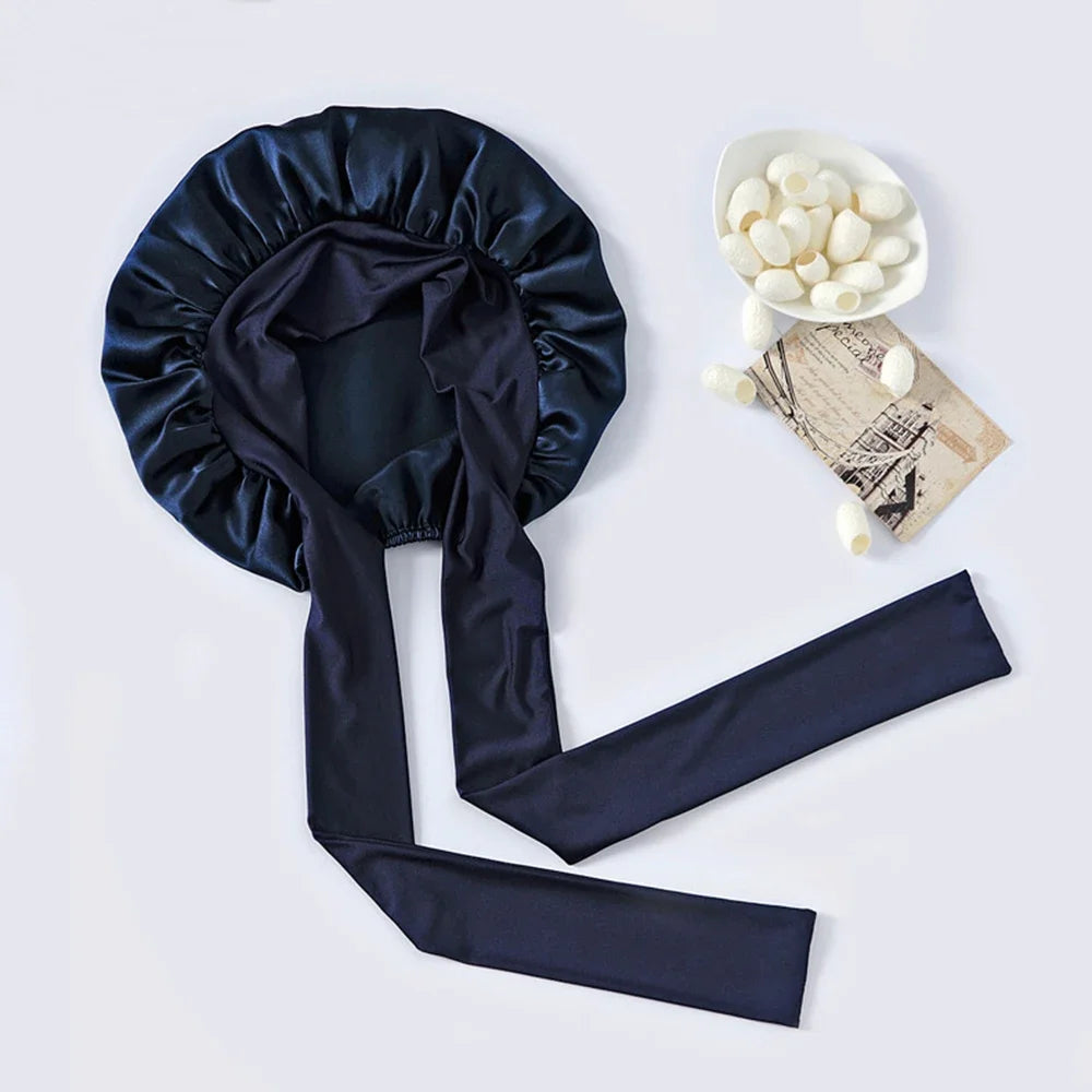 100% Mulberry Silk Sleeping Bonnet Curly Hair Adjustable Satin Sleep Cap With Wide Elastic Band
