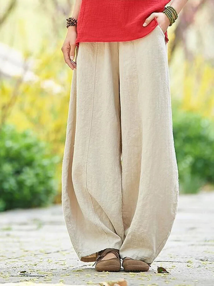 Women's Cotton Linen Wide Leg Pants with Elastic Waist