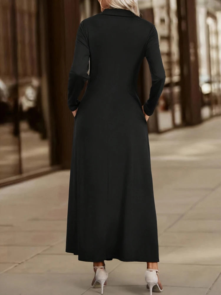 Elegant Solid Maxi with Long Sleeve Shirt Dress