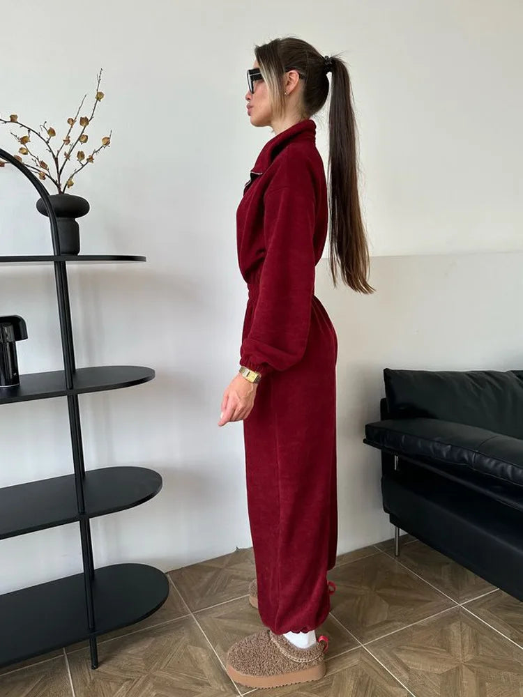 Sporty Long Sleeve Half-Zip Sports Jumpsuit with Lapel