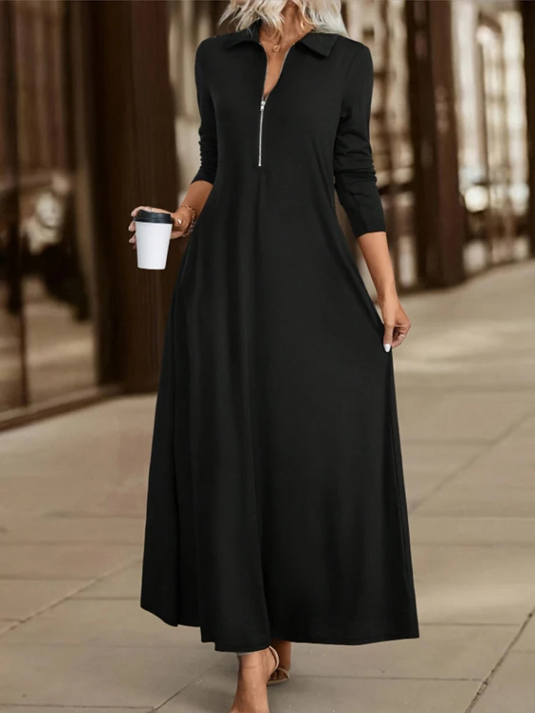 Elegant Solid Maxi with Long Sleeve Shirt Dress
