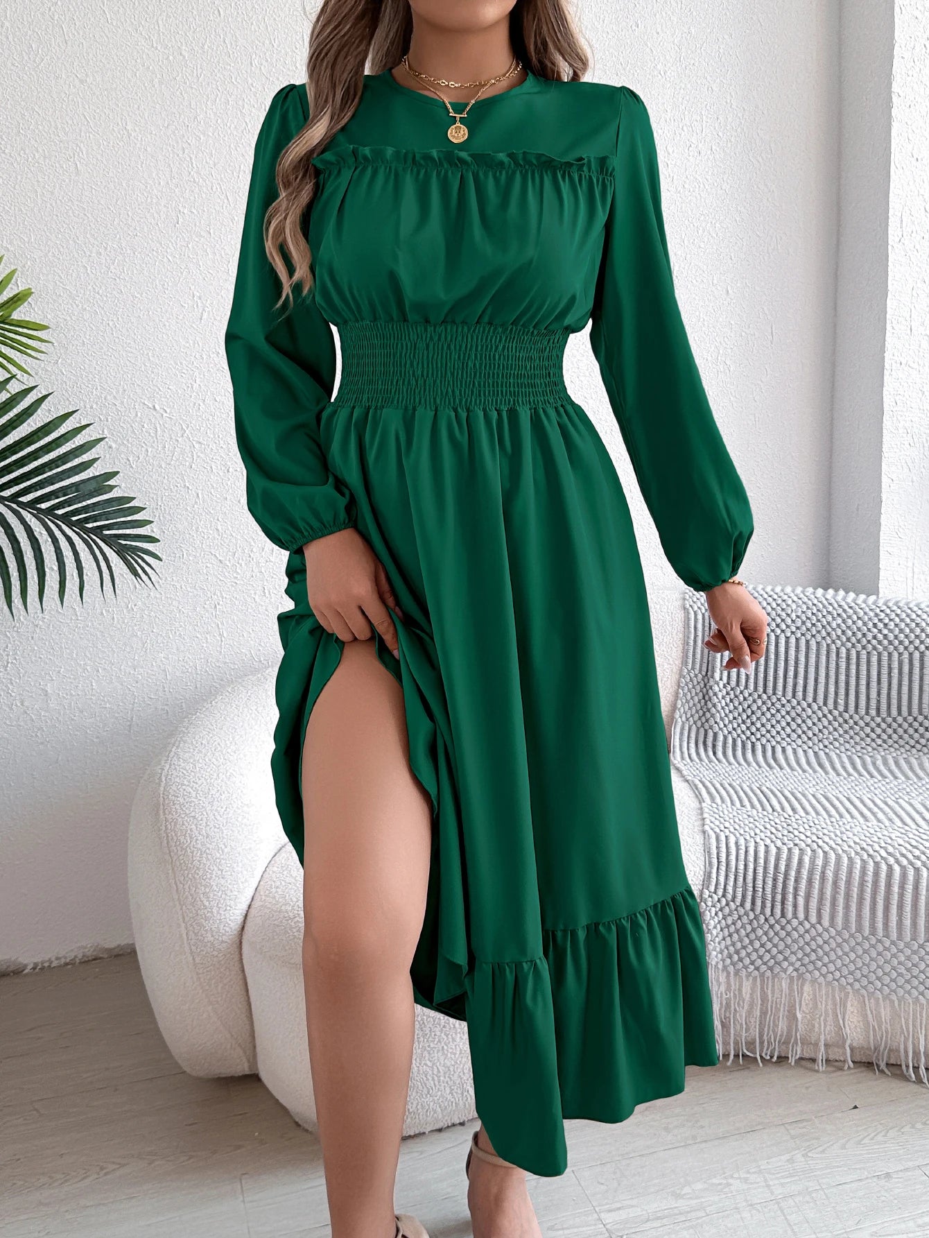Women's Casual Elegant Round Neck Long Sleeved Waist Cinched Lotus Leaf Edge Dress
