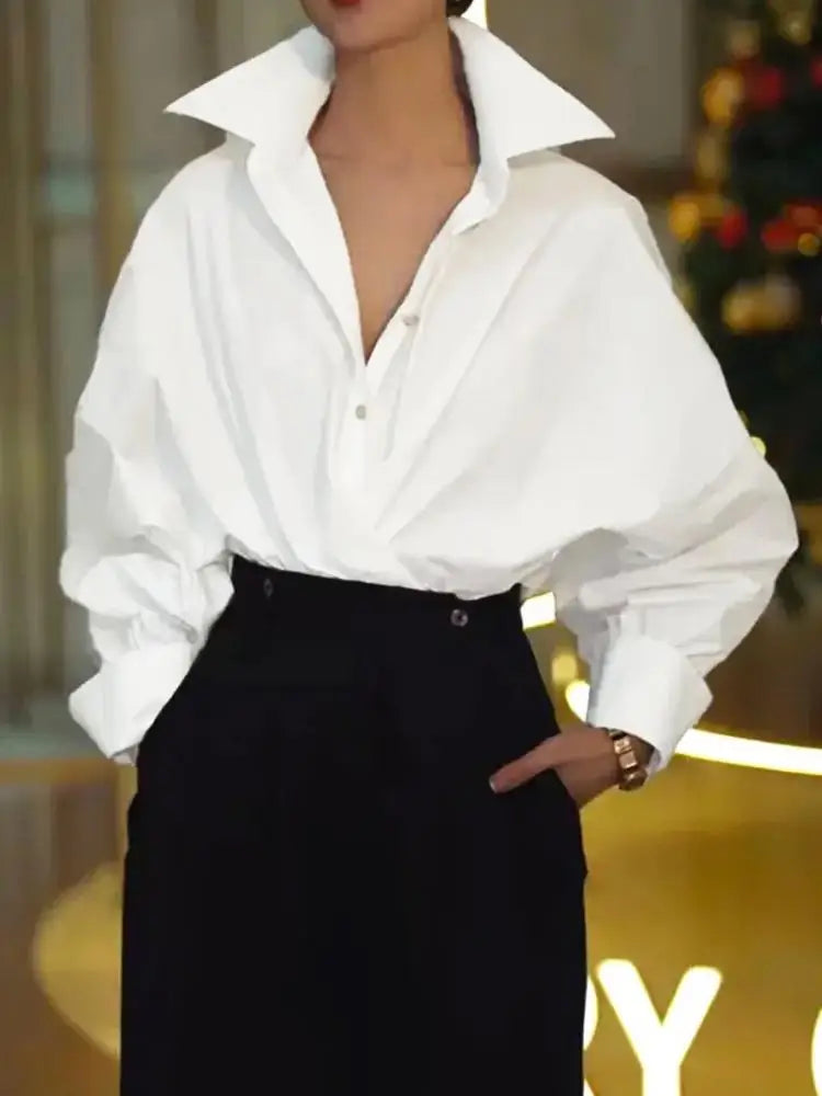 White Lapel Long Sleeve Blouse