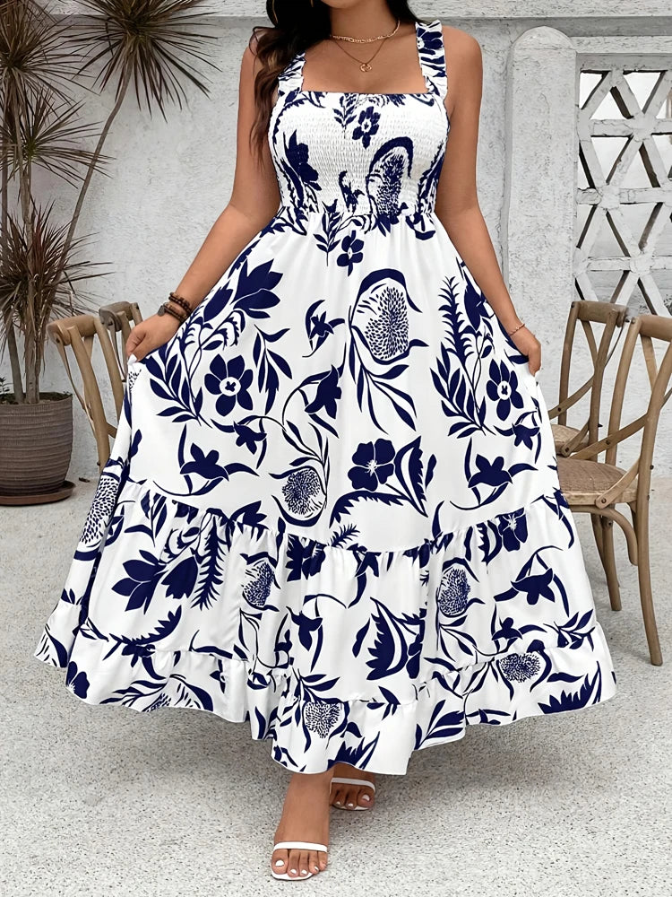 Plus Size Summer Floral Halter Dress with Ruffle Hem