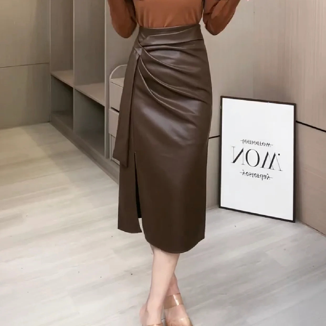 Slim Fit PU Leather Midi Skirt with Sash