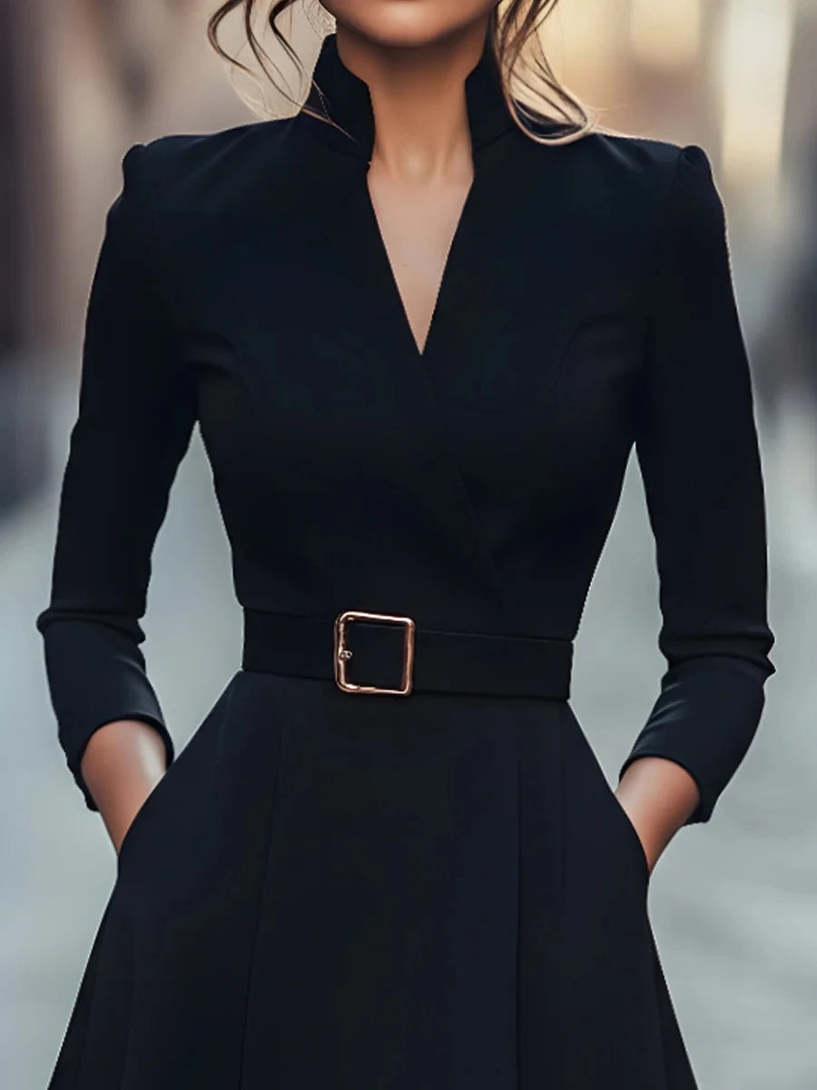 Waist slimming V-neck long-sleeved belted A-shaped dress