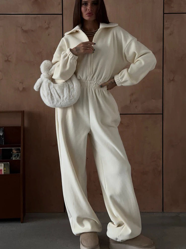 Sporty Long Sleeve Half-Zip Sports Jumpsuit with Lapel