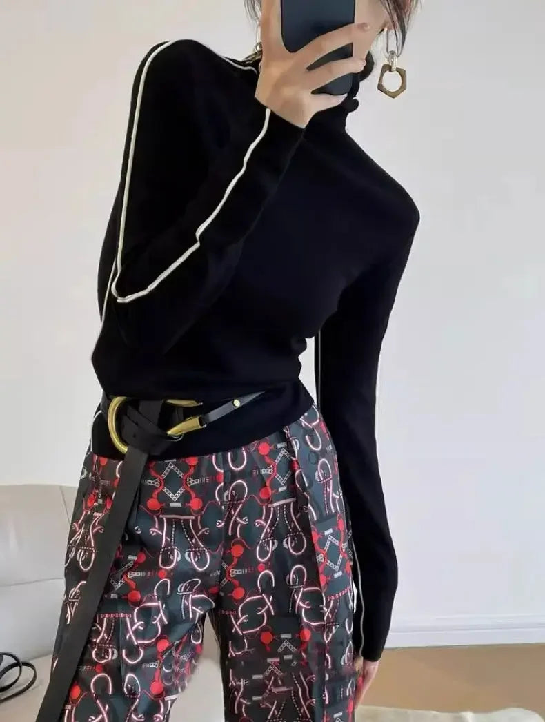 Long Sleeve Knit Turtleneck with Striped Sleeves Sweater Top