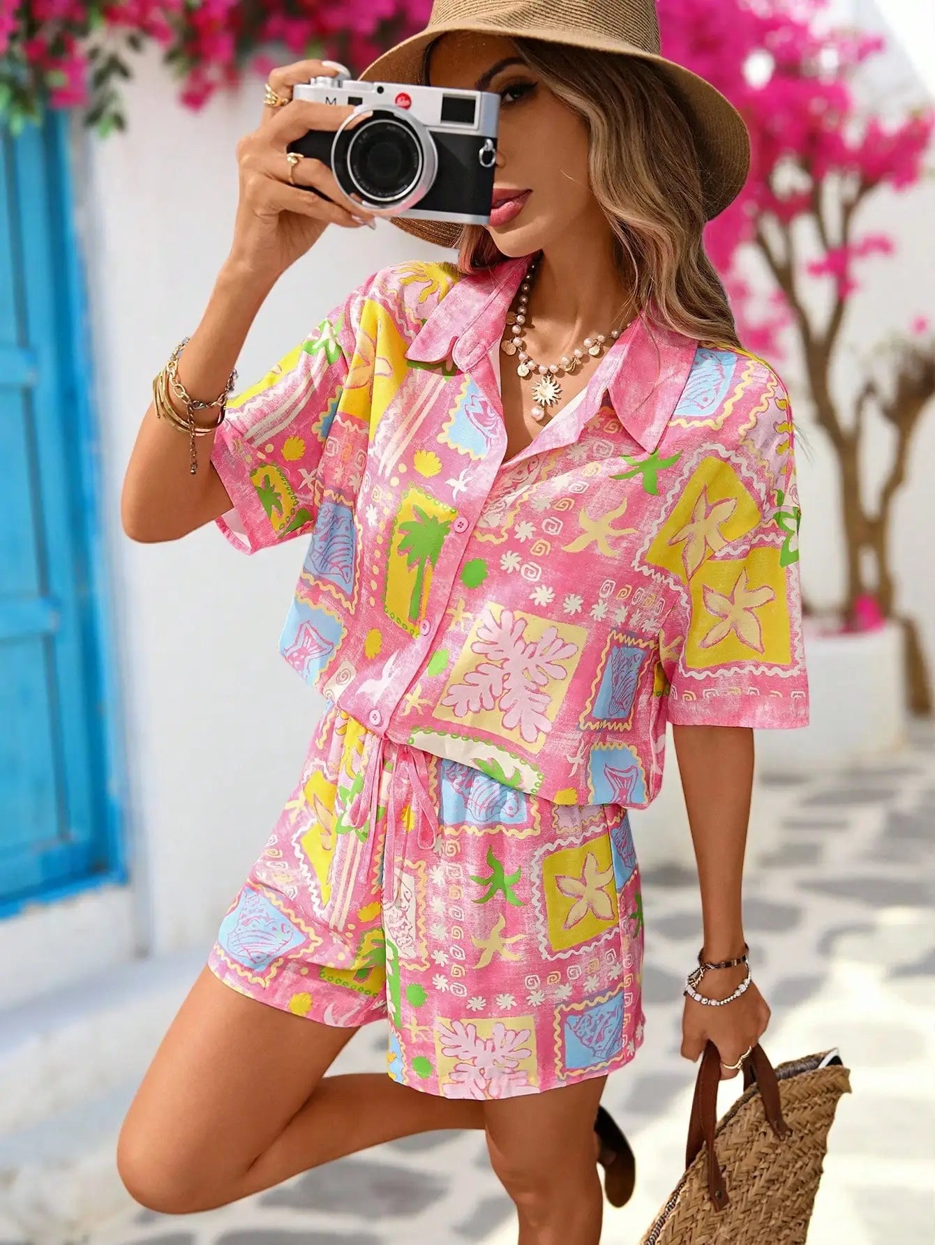Colorful Tropical Print 2-Piece Short Sleeve Shirt & Shorts Set