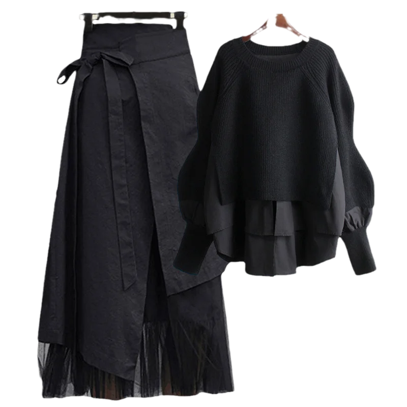 Spring Two Piece Knit Sweater+Strap A-line Skirt Suit Set