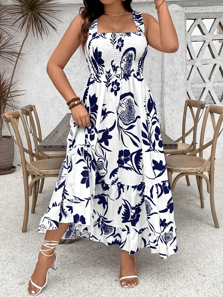 Plus Size Summer Floral Halter Dress with Ruffle Hem