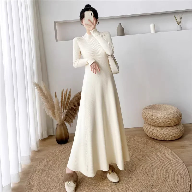 Solid Color Long Sleeve Knitted Dress with Turtleneck