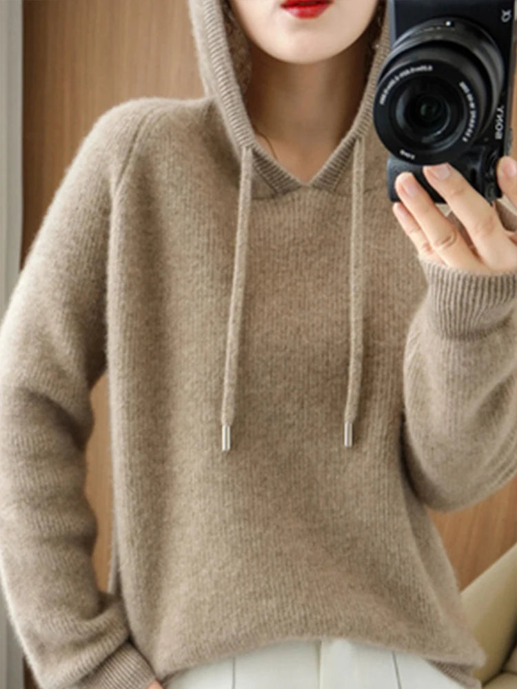 Merino Wool Blend Long Sleeve Hooded Pullover Sweater