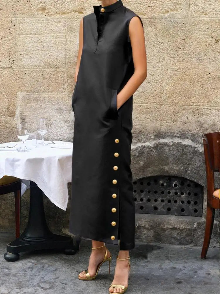 Vintage Black Standing Collar Buttoned Slit Evening Dress